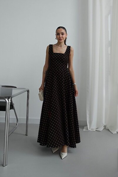 FMN Collection Design Square Neck Strap Wide Bell Hem Bow Sash Tie Polka Dot ...