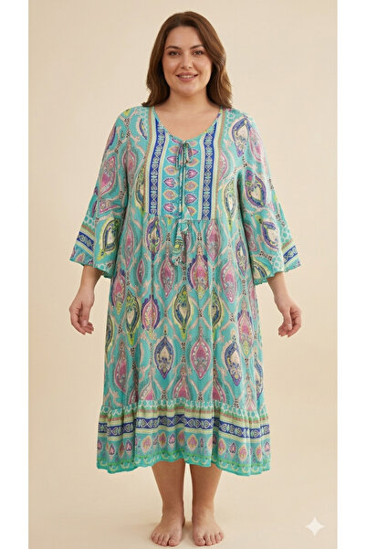 Sibel Günay Butik XXL Large Size V-Neck Natural Cotton Viscose Loose Dress wi...
