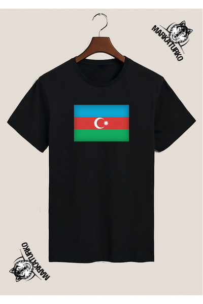 MarkaTurko Azerbaijan Flag Special Design Printed Black T-Shirt