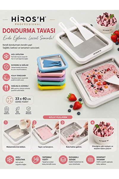 HİROS'H Ev Tipi Spatulalı Rulo Dondurma Tavası Soğuk Plaka Yoğurt Ice Cream Dondurma Yapma Tavası Buz Kalıbı