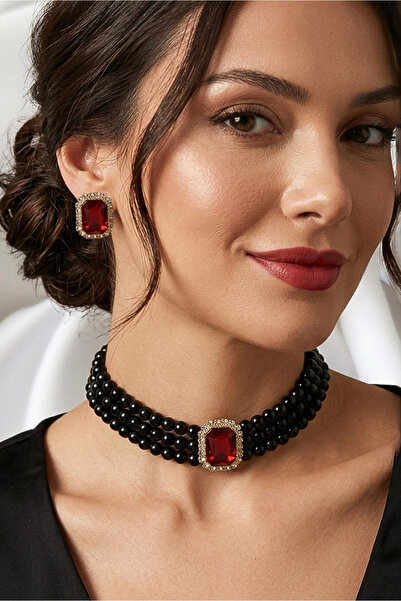 Happyline Baget bordo Taşlı Siyah İncili Choker Kolye, Siyah Cam İncili Gümüş...