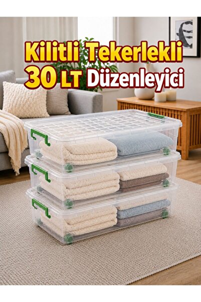 LOREMPBOX Set of 3 29 Lt Lockable Wheeled Storage Box Transparent Under-Bed O...