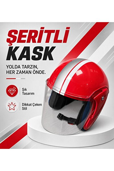 HZN MOTOR Kırmızı Yarım Kask Motosiklet Kaskı Scooter Motor Bisiklet Kaskı Aç...