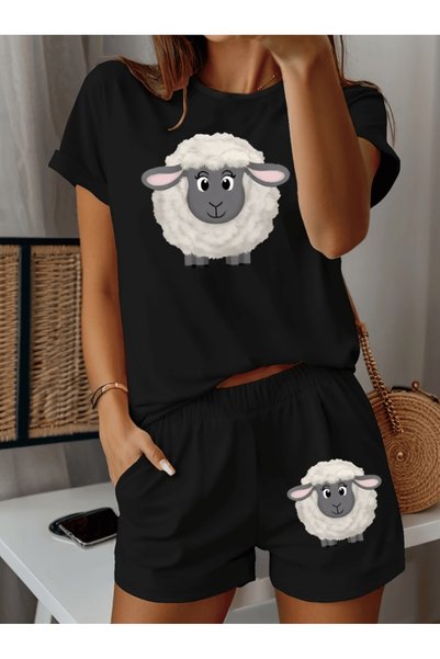 one button Cute white sheep print women's premium oversized top and bottom se...
