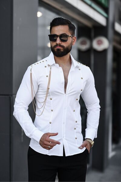 BAYIM Zincir Aksesuarlı Metal Düğme Detaylı Slim Fit Beyaz Gömlek Erkek Taş İ...