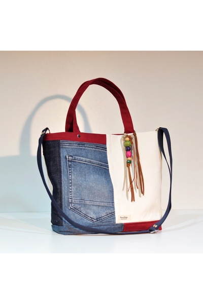 minart design Red Design Denim Patchwork Shoulder Bag (Adjustable Strap Gift)