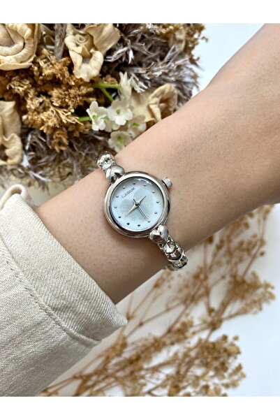 Mazzy Round Stone Heart Cord Silver White Dial Women Wrist Watch
