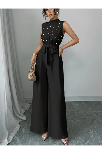 Butik Women's Turtleneck Sleeveless Pearl Belted Waist Long Janjan Jumpsuit