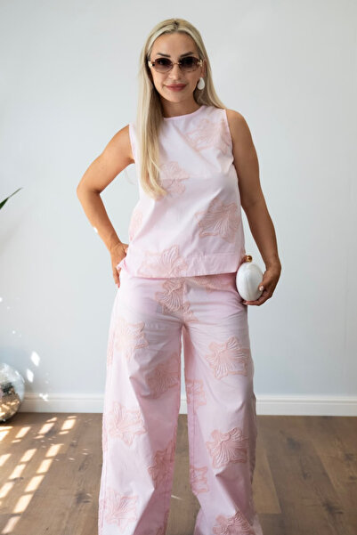 Muna Boutique Women's Pink Embroidered Double Suit - Wide-Leg Pants and Blous...