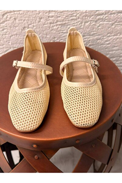 Beyond Women's Beige Strappy Buckle Mesh Ballerinas 1cm Byndfile01