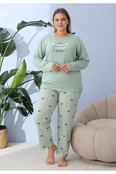 lindros Women's green plus size pajamas, Just Lovely print, 100% cotton