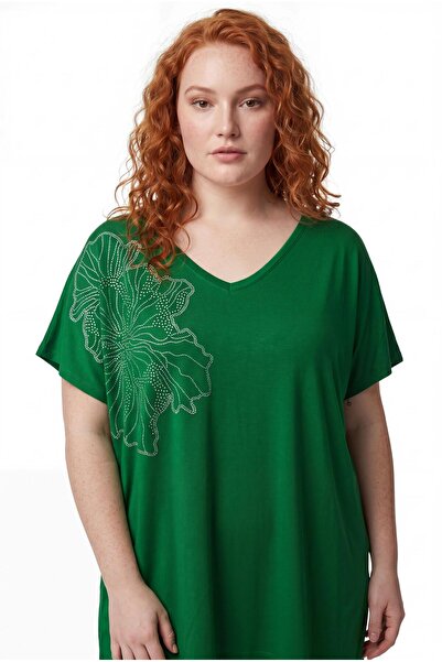 Ebsumu Women's Plus Size Drop Leaf Printed Green Blouse