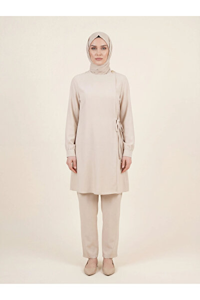 Beyza Umre Set with Side Tie Tunic and Trousers, Crew Neck, Long Sleeve, Beig...