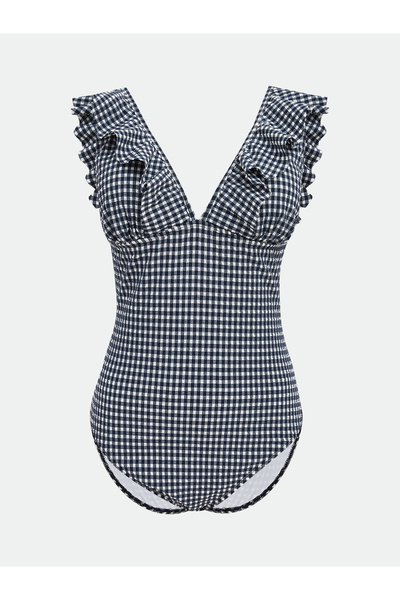 LC Waikiki Women's V Neck Plaid Frilled Swimsuit