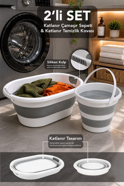 Meleni Home 2'li Katlanabilir Banyo Seti - Silikon Kulplu Akordiyon Çamaşır S...