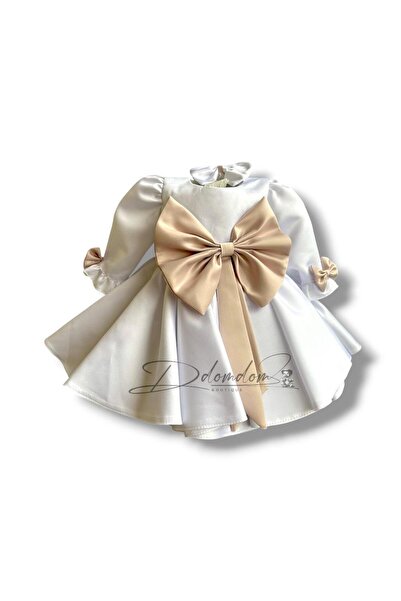 Domdom Boutique Rochiță Rebeca din Satin Alb cu Fundă Roz Praf