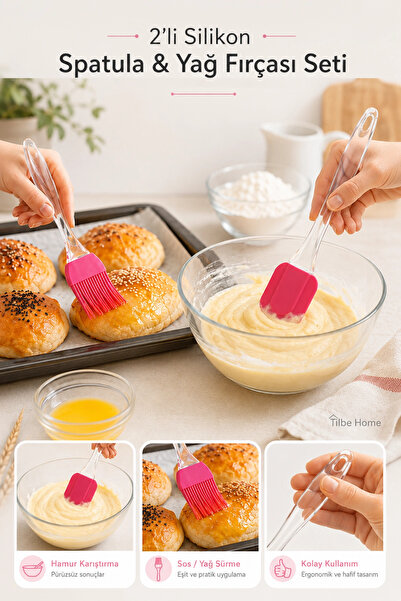 Tilbe Home 2’li Silikon Spatula Yağ Fırçası Seti Kek Pasta Hamur Karıştırıcı ...