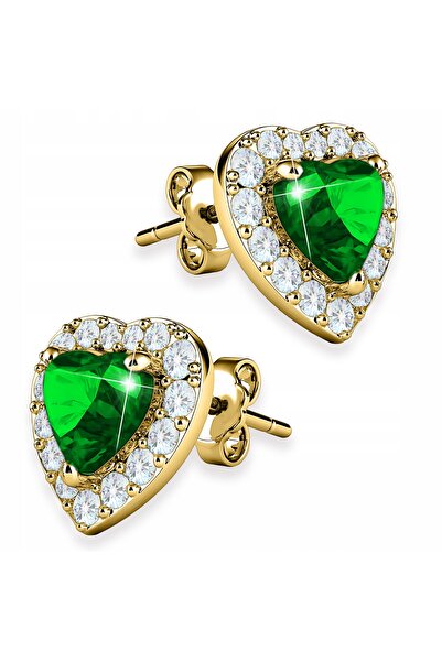 Larezo Cercei Din Argint 925 Placati Cu Aur, Cu Inimioare Din Cristal Verde S...