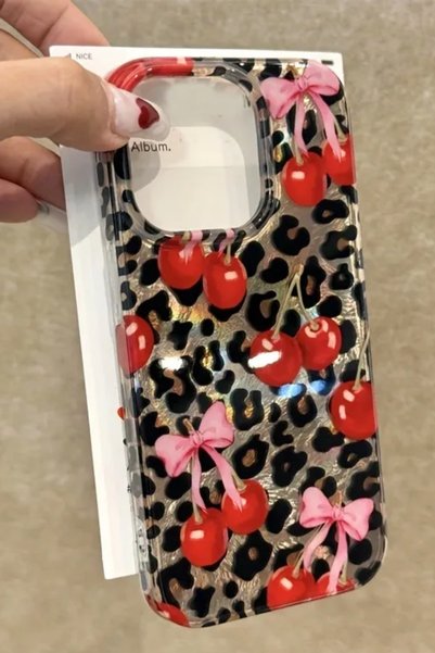 EWEC iPhone 17 Compatible Leopard and Pink Bow Cherry Pattern Hologram Imd Premium Phone Case