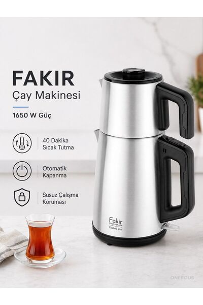 Fakir Paslanmaz Çelik Demlikli Elektrikli Çay Makinesi Çaycı 2 L Su Isıtıcı K...