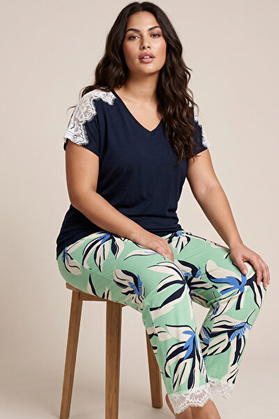 Siyah İnci Navy Blue Patterned Large Size Oversized Viscose Knitted Pajama Set