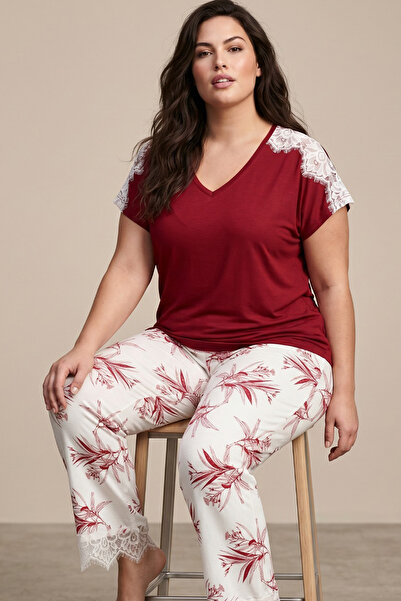 Siyah İnci Burgundy Patterned Large Size Oversized Viscose Knitted Pajama Set