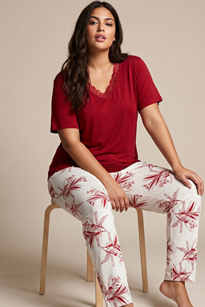 Siyah İnci Burgundy Patterned Large Size Oversized Viscose Knitted Pajama Set