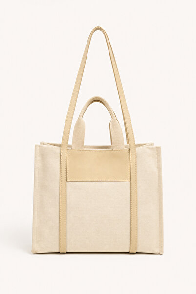 Madamra Cream Women's Leather Detailed Canvas Tote Bag