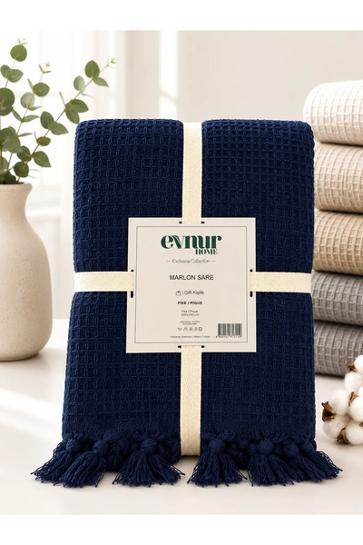 Evnur Home Evnur Marlon Sare Bağlamalı Saçaklı Çift Kişilik Pike LACİVERT