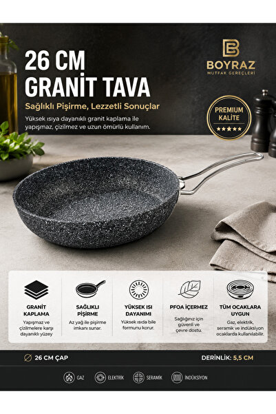 BOYRAZ 26 Cm Granit Tava Cam Kapaklı Yapışmaz Yüzeyli Geniş Tabanlı Tava