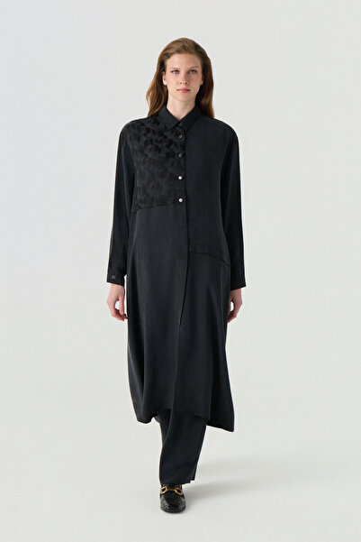 Zühre Jacquard Asymmetrical Layered Long Form Black Tunic 1642