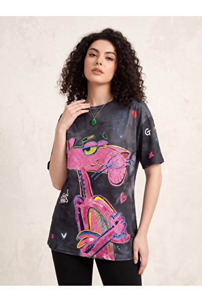 Orvelia Kadın Antrasit Eskitme Desenli Pembe Panter Baskılı Oversize T-Shirt