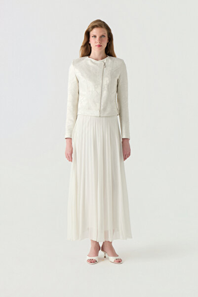 Zühre Asymmetric Zippered Lace Textured Pleated Stone Suit 1780