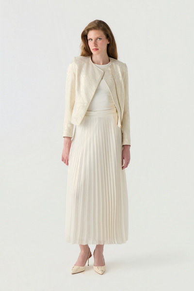 Zühre Asymmetric Zippered Lace Textured Pleated Gold Suit 1780