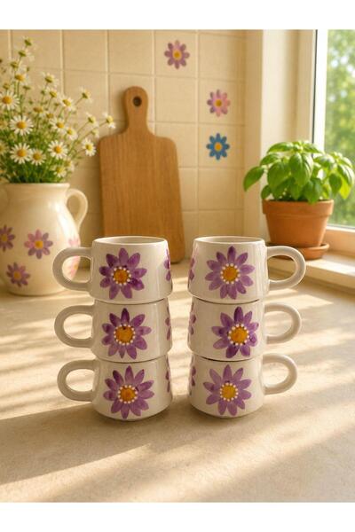 CEYU SERAMİK Modern Purple Floral Ceramic Espresso and Turkish Coffee Cup Set