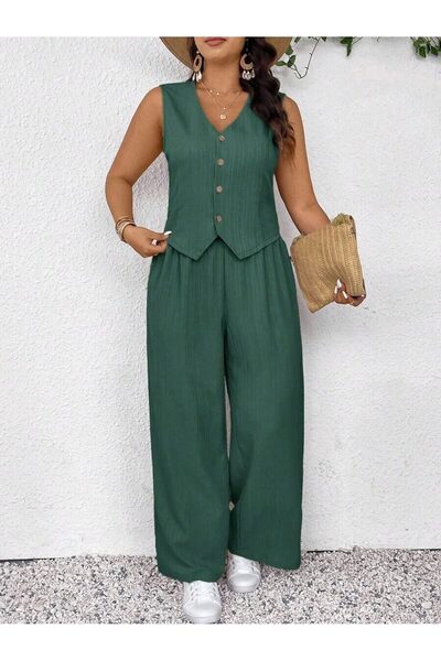 Iuliashop Costum verde Gafre, format din vestă și pantaloni - 44