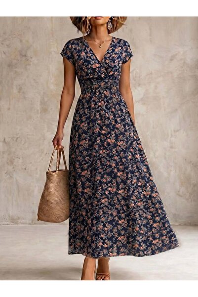 Iuliashop Rochie lungă Zaida Albastru Marin cu Imprimeu Floral - M