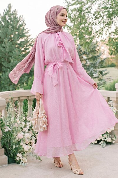 InStyle Wide Sleeve Pink Dress with Scarf