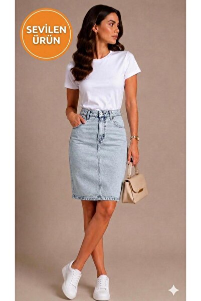 LAMİRA Ksha Skirt Karyıkama Midi Length Striped Short Regular Women's Denim S...