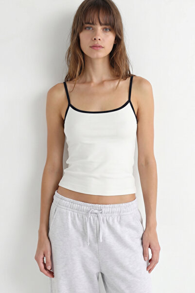 Lovelyİstanbul Contrast Striped Strappy Knitted Tank Top Lub0373 White Navy Blue