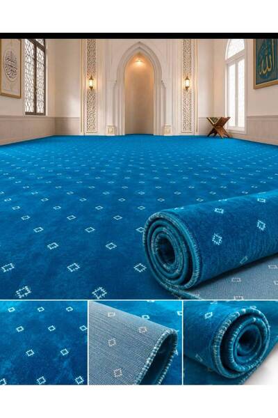AKSEREN Dokuma Safsız Mescid & Cami Halısı Turkuaz Mavi 2500 Gr. - En 4 Metre