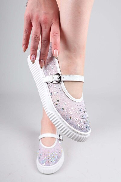 Birikon Banfo Stone Embellished Mesh Ballerina Flats White