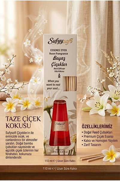 safestore Beyaz Çiçekler Oda Kokusu (110 ml) Bambu Çubuklu Oda Kokusu