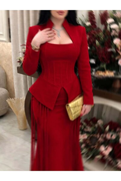 REVE Long Red Dress, Elegant Waist Cinching, Long Sleeves and Side Tassels.