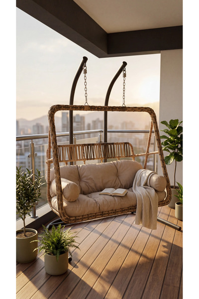 DEMHARİS Çift Kişilik Rattan Bahçe Salıncağı Minderli Balkon ve Teras İçin Dı...