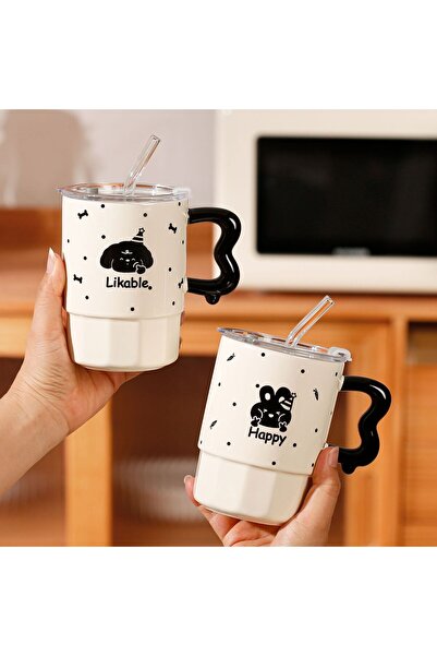 Livava Cute Cat Design Ceramic Mug with Straw and Lid, Gift Idea