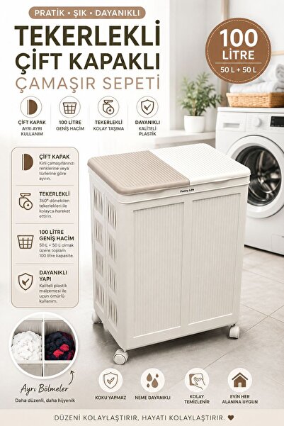 Funny Life 100 LT Çift Kapaklı Çamaşır Sepeti Tekerlekli 2 Bölmeli Kirli Çama...