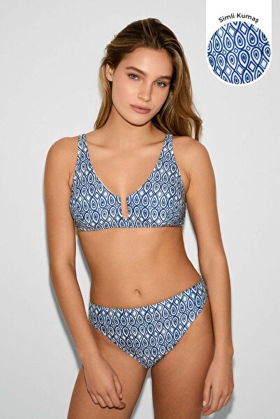 Kom Benih Retro Desen Toparlayıcı Bikini Takımı Saks