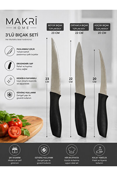 3-Piece Stainless Steel Kitchen Knife Set – 23 cm, 22 cm, 20 cm