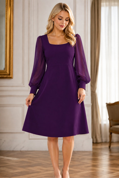 IŞILTI Women's Square Neck Tulle Sleeves Princess Cut Special Design Purple F...